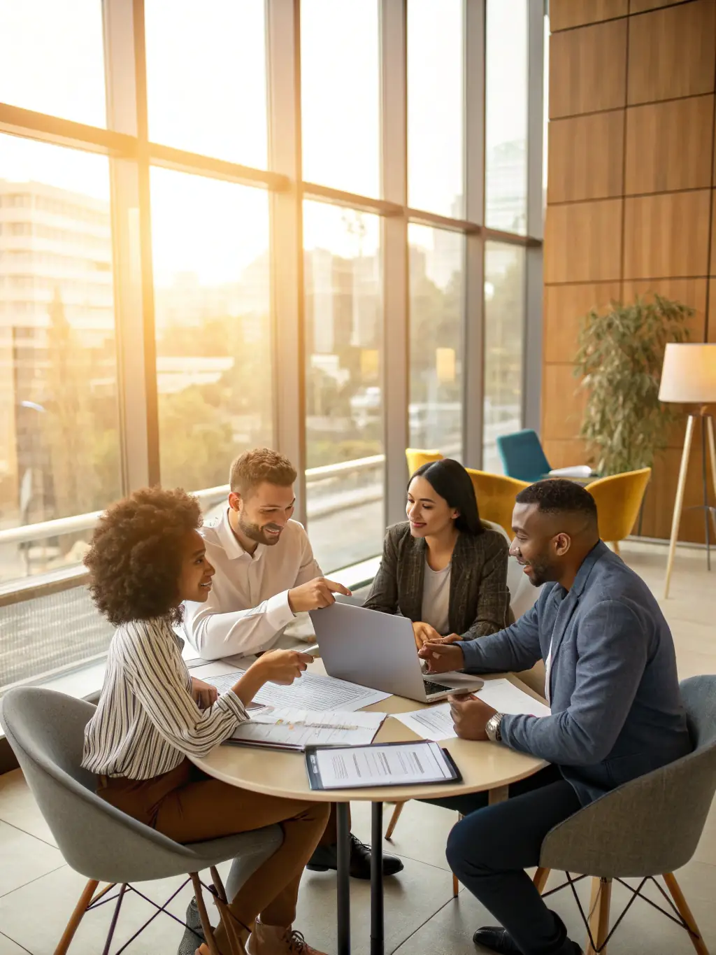 A diverse team of digital experts collaborating in a modern office space, showcasing Digital Optex's collaborative and innovative environment.